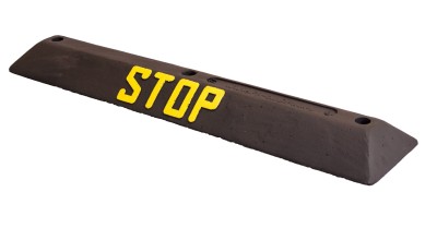 Czarny separator parkingowy z żółtym napisem STOP